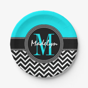 Chic Chevron Bright Aqua Birthday Monogram Paper Plate