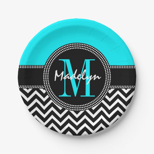 Chic Chevron Bright Aqua Birthday Monogram Paper Plate (Front)