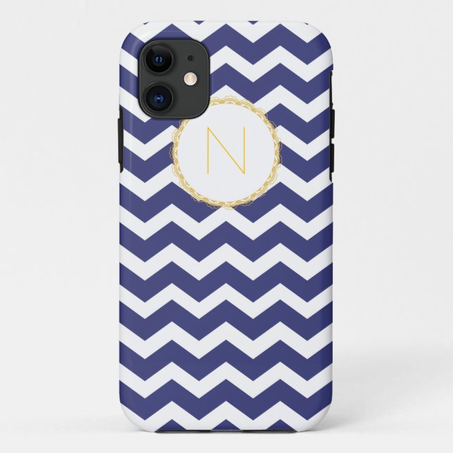 Chic Chevron iPhone Case Navy & White w/ Initial (Back)
