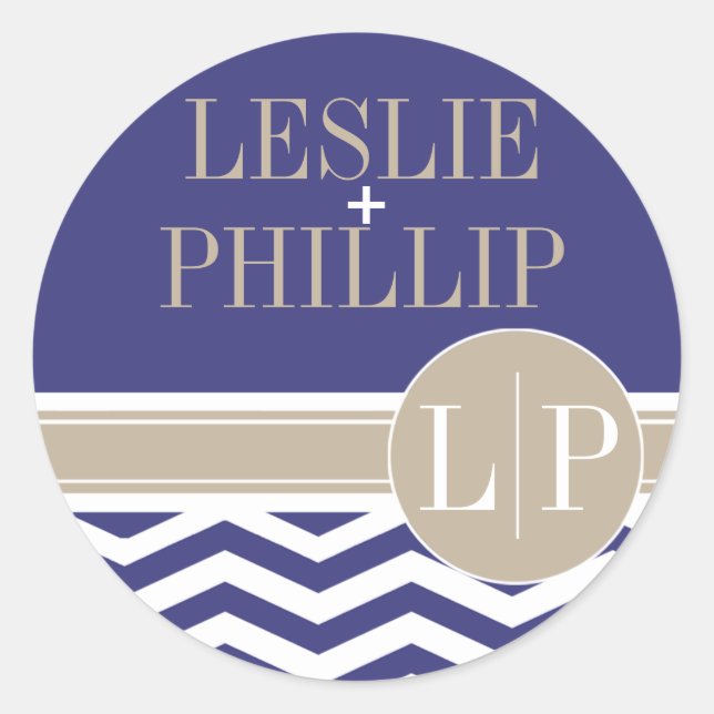Chic Chevron Monogram | navy Classic Round Sticker (Front)