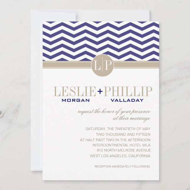 Chic Chevron Monogram | navy Wedding Invitation (Front)