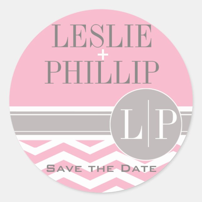 Chic Chevron Monogram | pink Classic Round Sticker (Front)