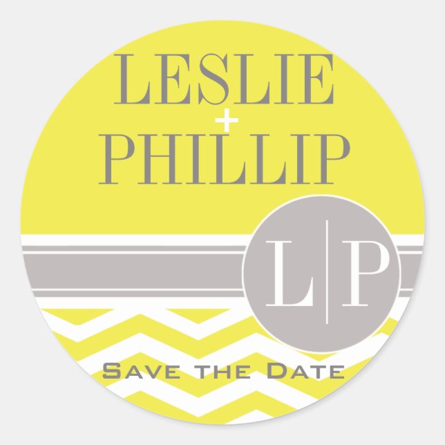 Chic Chevron Monogram | yellow Classic Round Sticker (Front)