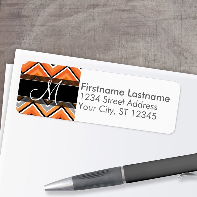 Chic Chevron Pattern Black Grey Orange Monogram (Custom Return Address Labels - Low Minimum)