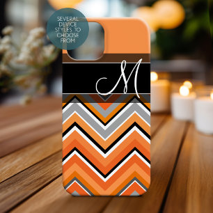 Chic Chevron Pattern Black Grey Orange Monogram Case-Mate iPhone 14 Case