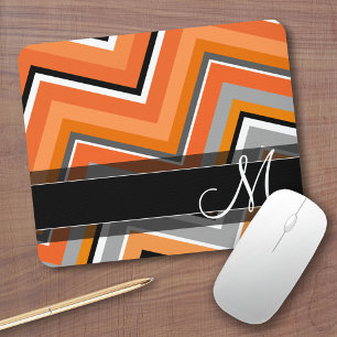 Chic Chevron Pattern Black Grey Orange Monogram Mouse Pad