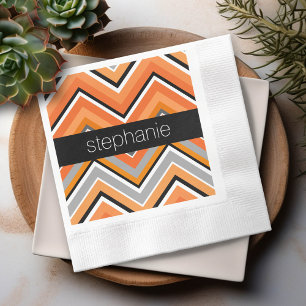 Chic Chevron Pattern Black Grey Orange with Name Napkin
