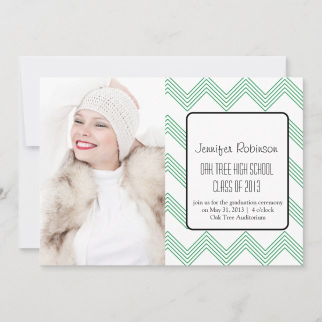 Chic Chevron Zigzag Green Graduation Invitation (Front)