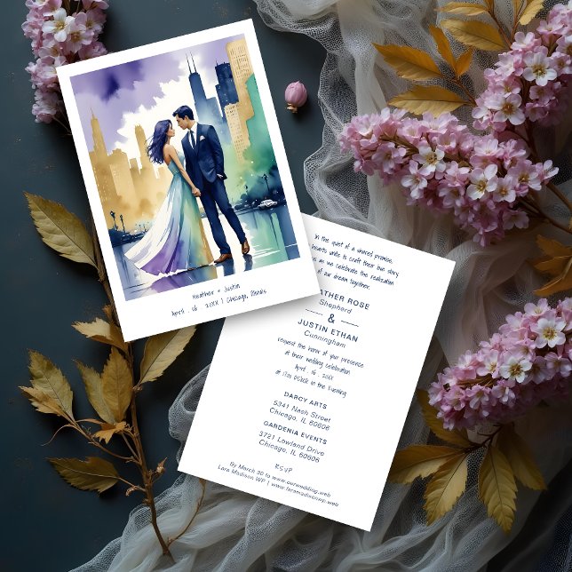 Chic Chicago Iconic Building Colorful Cityscape Invitation (Cute Chicago Iconic Building Colorful Cityscape Wedding Couple Illustration Invitations Cards.)
