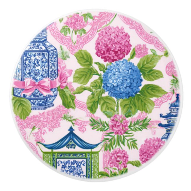 Chic Chinoiserie Hydrangea Pagoda Mahjong  Ceramic Knob (Front)