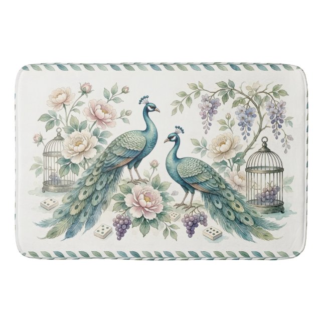 Chic Chinoiserie Peacock Mahjong Bath Mat (Front)