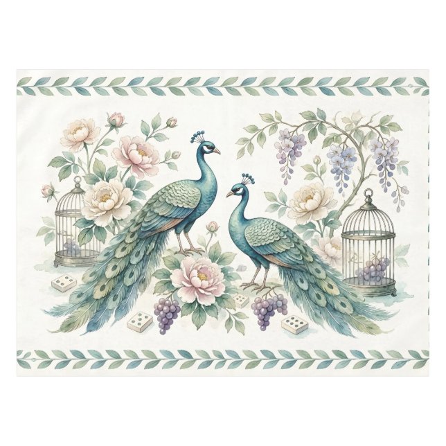 Chic Chinoiserie Peacock Mahjong Tablecloth (Front (Horizontal))