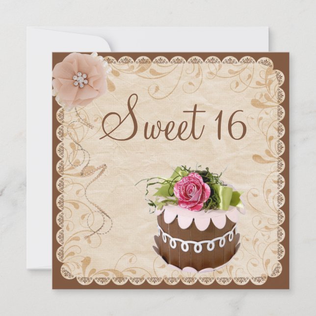 Chic Chocolate Cake & Diamonds Rose Sweet 16 Invitation (Front)