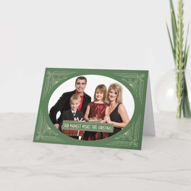 Chic Christmas Art Deco Green Frame Custom Photo  Holiday Card (Front)