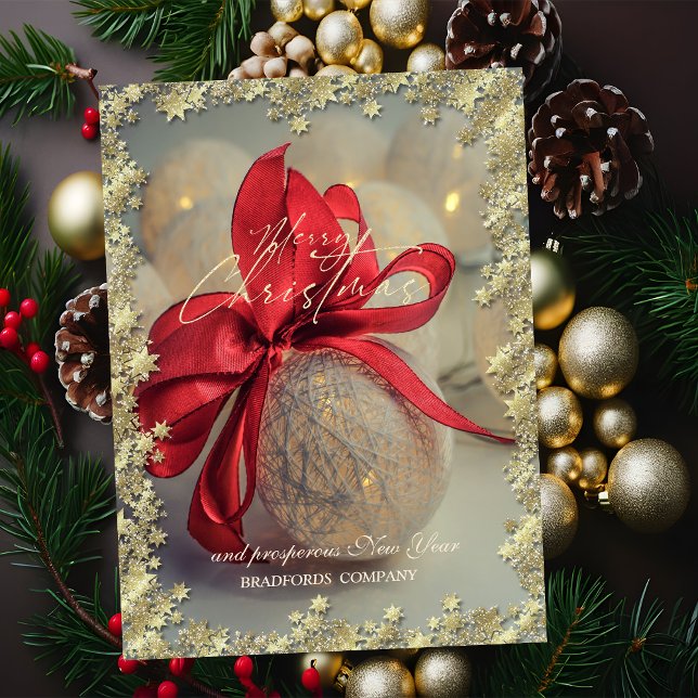 Chic Christmas Balls Red Bow Stars Company Holiday Card (Creator Uploaded)