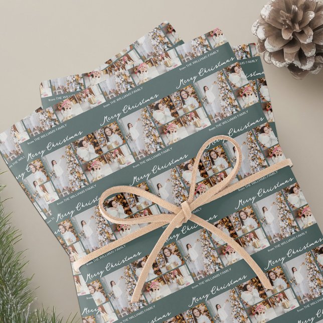 Chic Christmas Family Photo Collage Grey Green Wrapping Paper Sheet (Creator Uploaded)