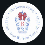 Chic Christmas Ginger Jar Monogram Return Address Classic Round Sticker<br><div class="desc">This flexible sticker design features a central ginger jar with red bow surrounded by a circular text border. On the front of the ginger jar is a space for you to put a single letter initial monogram. Shown here for a return address label but all of the text fields are...</div>