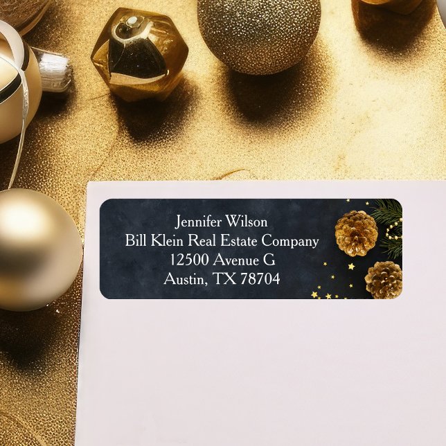 Chic Christmas Gold Pine Cone Black Return Address (Creator Uploaded)
