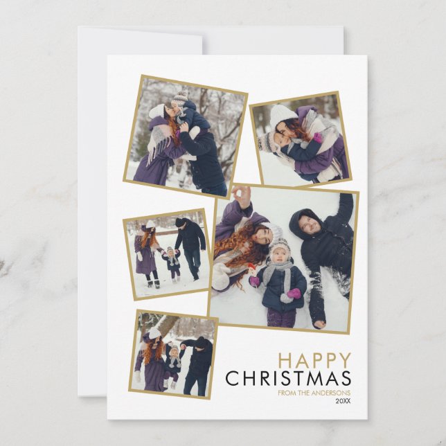 Chic Christmas Modern Family 5 Photo Collage Holiday Card (Front)