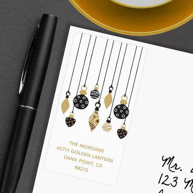 Chic Christmas Ornaments Holiday Address Label (Chic black and gold Christmas tree ornaments holiday return address labels)
