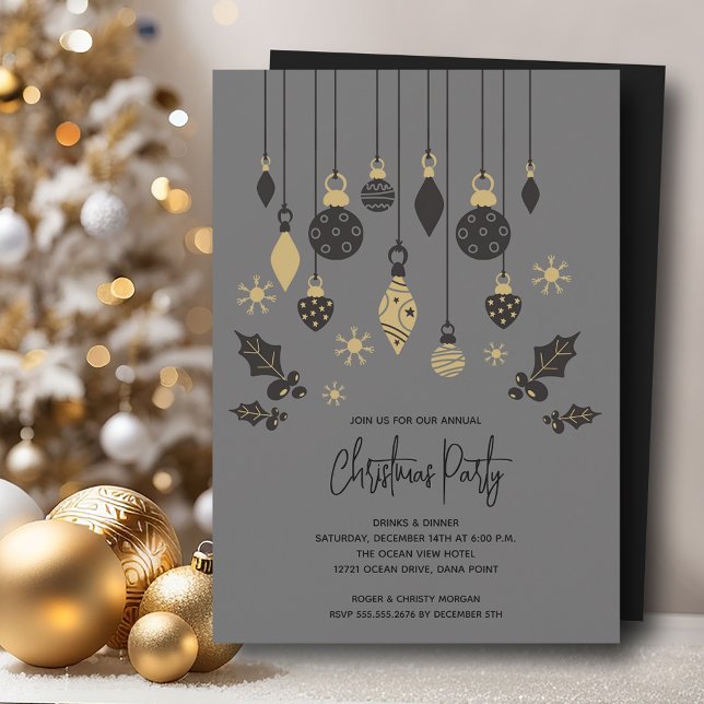 Chic Christmas Ornaments  Invitation (Chic Christmas tree ornaments on grey party invitations, PRINTED and/or INSTANT DOWNLOAD)