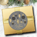Chic Christmas Ornaments on Grey  Classic Round Sticker<br><div class="desc">Black and gold Christmas tree ornaments and snowflakes on a grey background highlight these holiday stickers with your name and Merry Christmas in chic lettering. Perfect for your personal or business holiday parties. MATCHING items in our collection.</div>