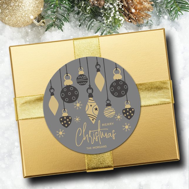 Chic Christmas Ornaments on Grey  Classic Round Sticker (Chic black and gold Christmas tree ornaments on grey round 3" sticker (1-1/2" available, too))