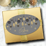 Chic Christmas Ornaments on Grey  Oval Sticker<br><div class="desc">Black and gold Christmas tree ornaments and snowflakes on a grey background highlight these oval holiday stickers with your name and Merry Christmas in chic lettering. Perfect for your personal or business holiday parties. MATCHING items in our collection.</div>