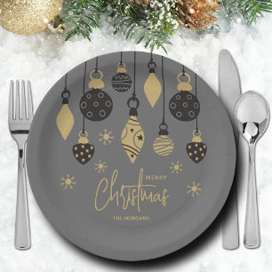 Chic Christmas Ornaments on Grey  Paper Plate