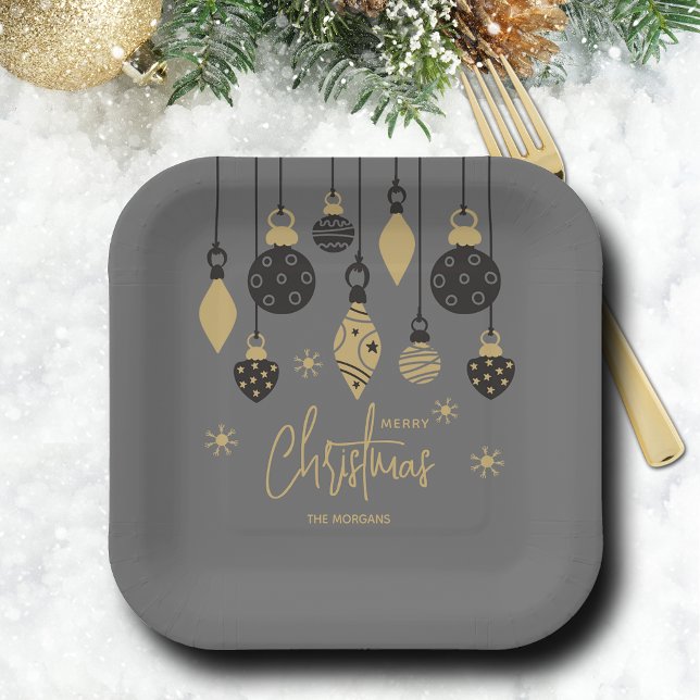 Chic Christmas Ornaments on Grey  Paper Plate (Chic black and gold Christmas tree ornaments square grey paper plates)