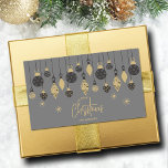 Chic Christmas Ornaments on Grey  Rectangular Sticker<br><div class="desc">Black and gold Christmas tree ornaments and snowflakes on a grey background highlight these rectangle holiday stickers with your name and Merry Christmas in chic lettering. Perfect for your personal or business holiday parties. MATCHING items in our collection.</div>