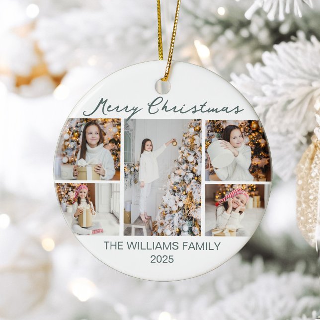 Chic Christmas Photo Collage 2025 Keepsake Ceramic Tree Decoration (Creator Uploaded)