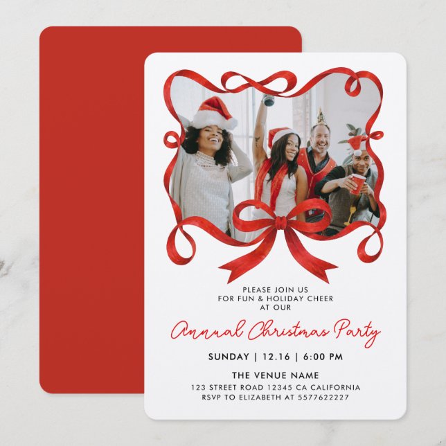 Chic Christmas Photo Red Ribbon Calligraphy Script Invitation (Front/Back)