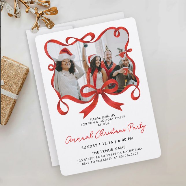 Chic Christmas Photo Red Ribbon Calligraphy Script Invitation (Creator Uploaded)