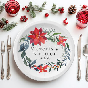 Chic Christmas Poinsettia Floral Wreath Wedding Paper Plate