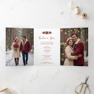 Chic Christmas Poinsettia Wedding Photos TLW26 Tri-Fold Holiday Card