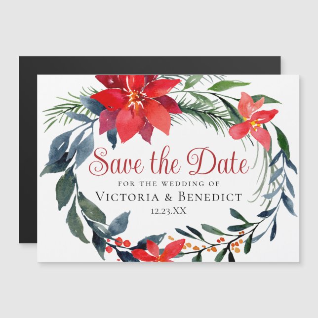 Chic Christmas Poinsettia Wreath Website QR Code Magnetic Invitation (Front/Back)
