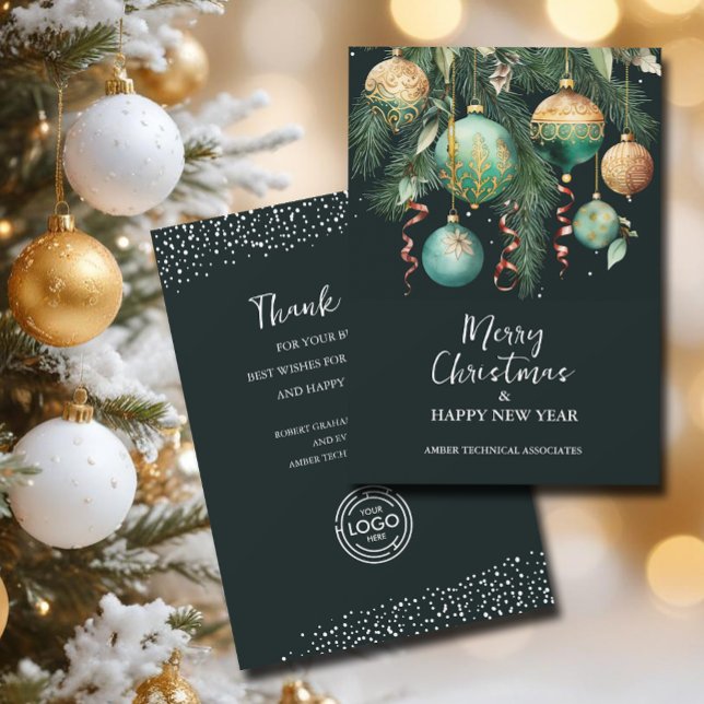 Chic Christmas Tree Ornaments Business Holiday Card (Tree ornaments Merry Christmas business logo customer thank you holiday cards)