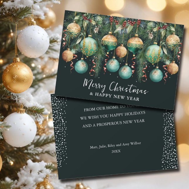Chic Christmas Tree Ornaments Holiday Card (Chic Merry Christmas gold and green tree ornaments flat holiday greeting cards)