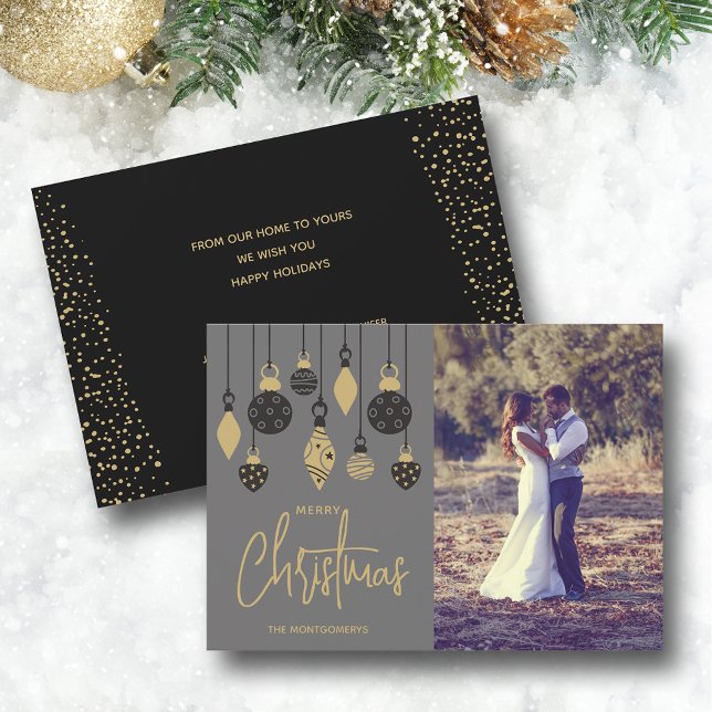 Chic Christmas Tree Ornaments on Grey Holiday Card (Black and gold Christmas tree ornaments photo greeting cards, PRINTED and/or INSTANT DOWNLOAD)