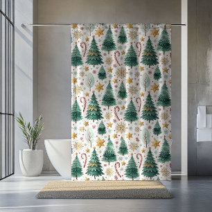 Chic Christmas Trees Watercolor Holiday Curtain