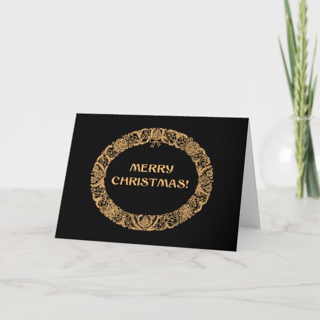 Chic Christmas Wreath Card Gold-effect on Black (Front)