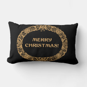 Chic Christmas Wreath Design Gold-effect on Black Lumbar Cushion