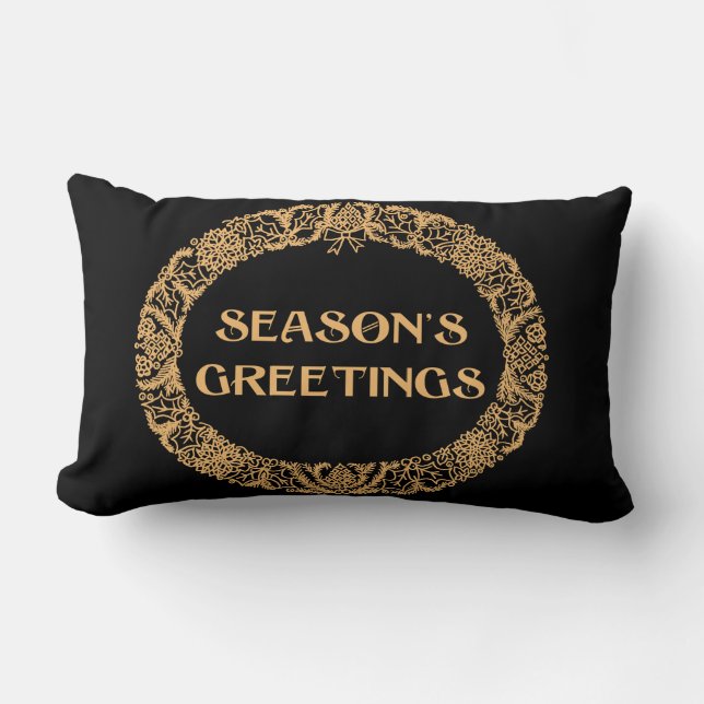 Chic Christmas Wreath Design Gold-effect on Black Lumbar Cushion (Front)