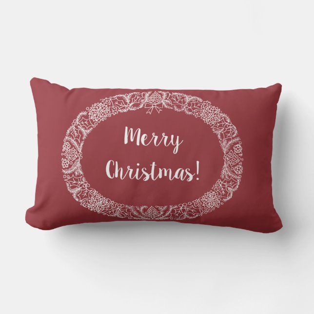 Chic Christmas Wreath Design White on Deep Red Lumbar Cushion (Front)