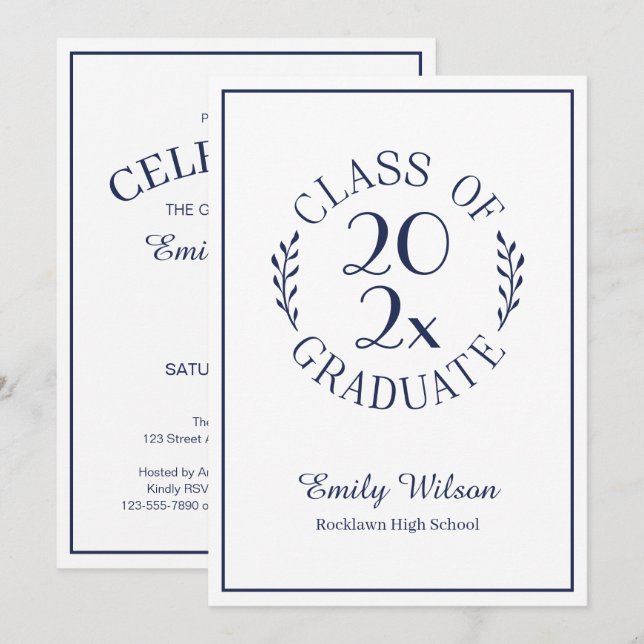 Chic Class Of 2026 Navy White Graduation Party Invitation (Front/Back)