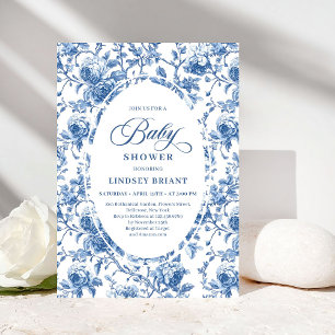 Chic Classic Blue Toile de Jouy Floral Baby Shower Invitation