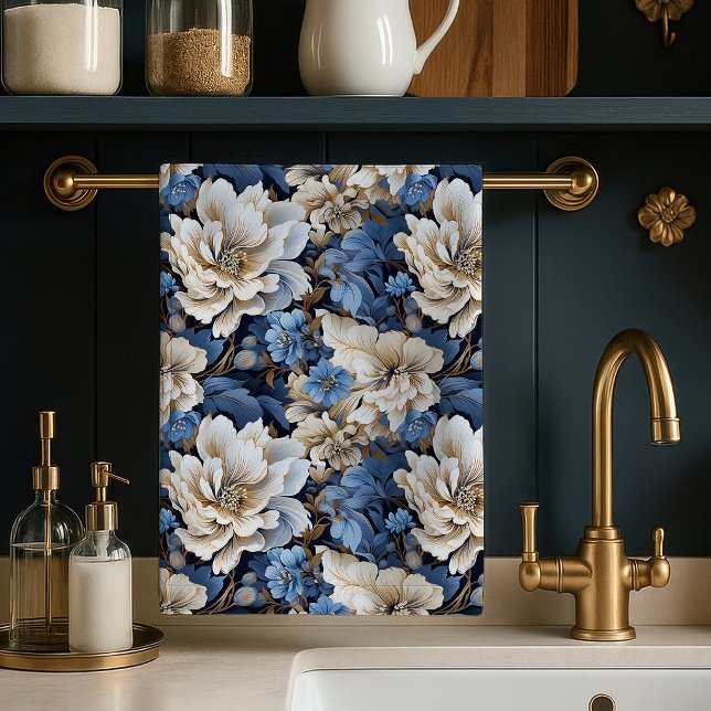 Chic Classic Blue White Ivory Floral Kitchen Towel (Classic Blue White Ivory Floral Kitchen Towel Cloth)