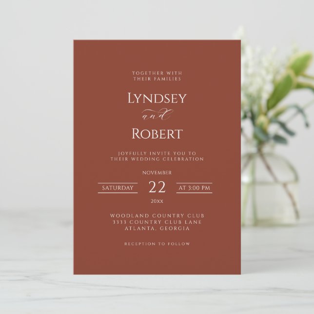 Chic Classic Cinnamon and White Wedding Invitation (Standing Front)