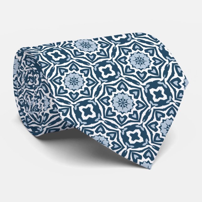 Chic Classic Dutch Delft Blue Floral Art Pattern Tie (Rolled)